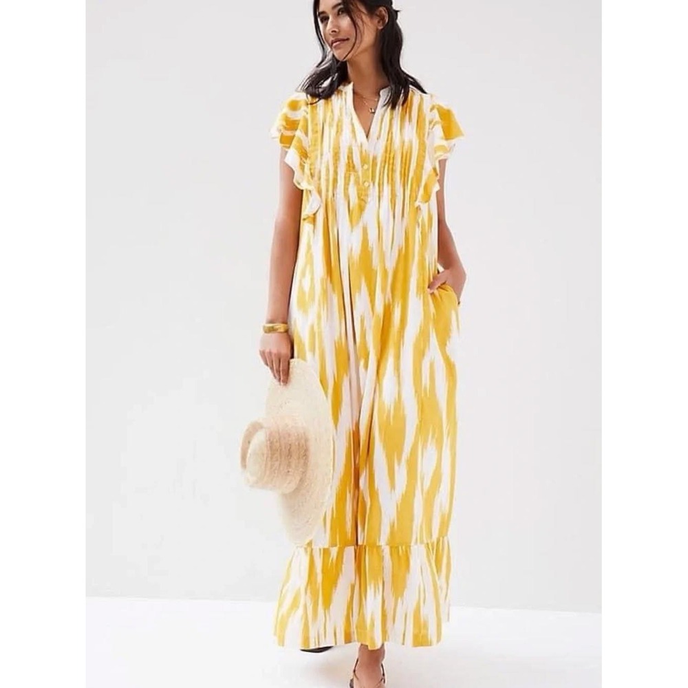 Anthropologie Maeve Cassandra Maxi Dress M Boho Ikat Pintuck Flutter Pockets